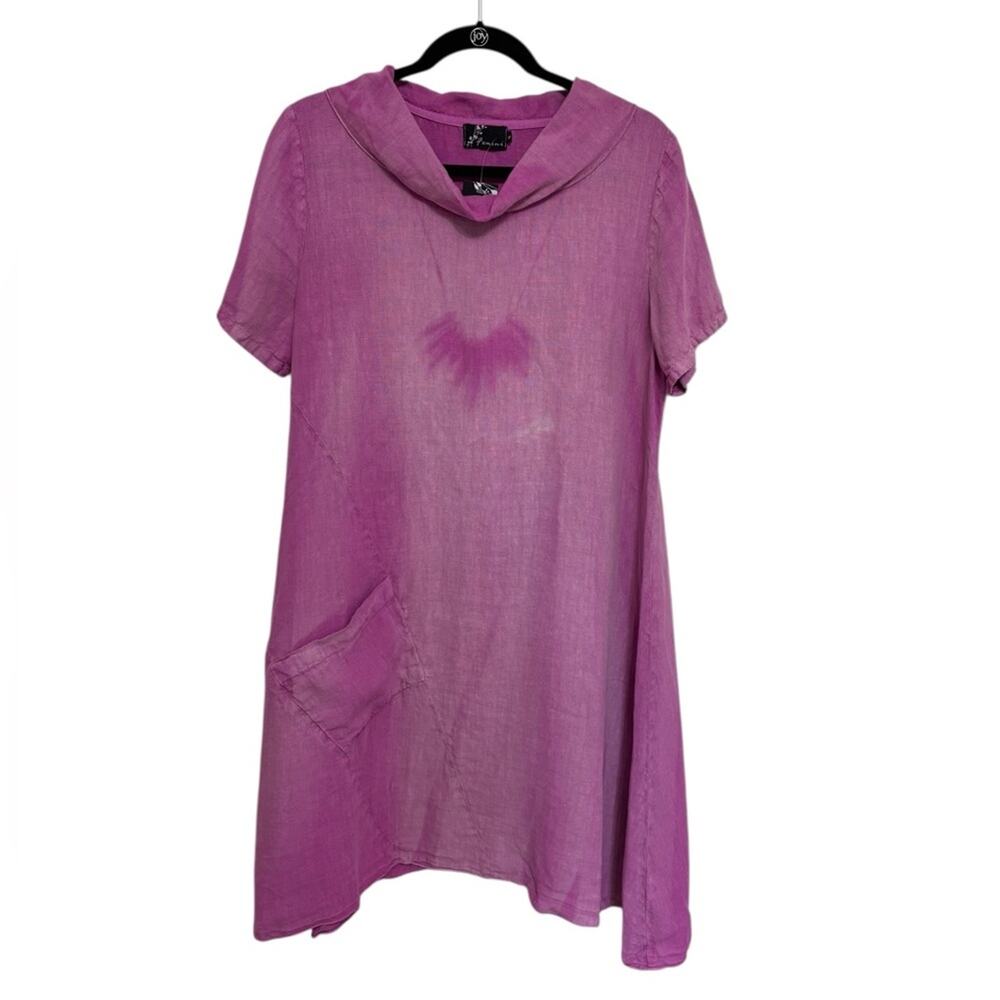 NEW Fenini Short Sleeve 100% Linen Rolled Neck Dress in Berry Tie Dye - Size S